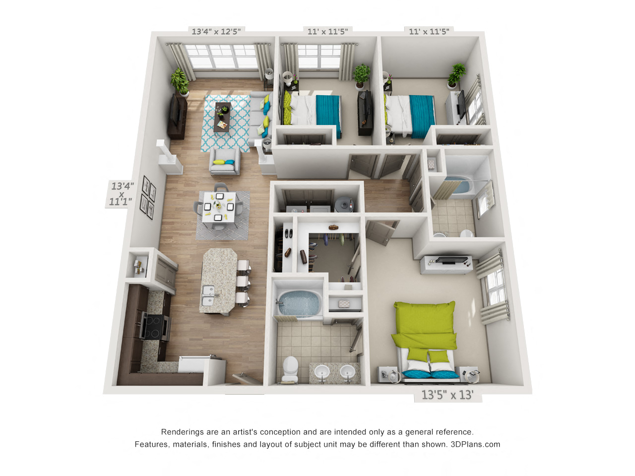 Three bedroom apartment floor plan rendering